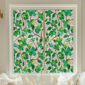 Greenery Leaf Window Privacy Film with Complete Installation Tools, Reusable Static Cling Decorative Glass Window Stickers, UV Blocking Rainbow Window Decals for Home Bedroom Living Room Decor, 17.5 x 78.7 in