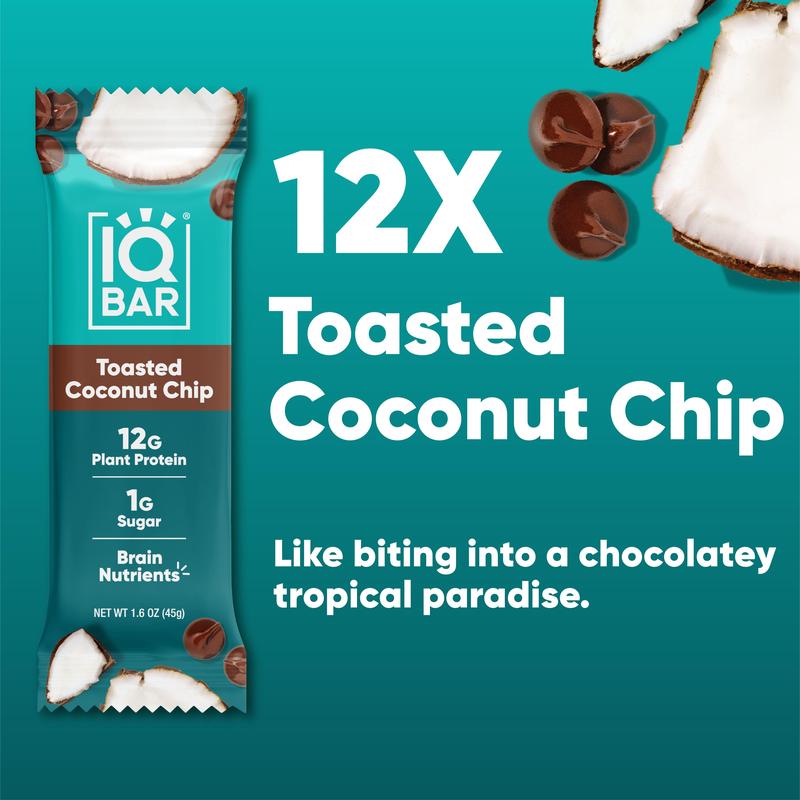 IQBAR Toasted Coconut Chip (12 Bars) - Brain and Body Plant Protein Bars - 12 Count, Low Carb, High Fiber, Gluten Free, Vegan Snacks - Low Sugar Keto Energy Bar