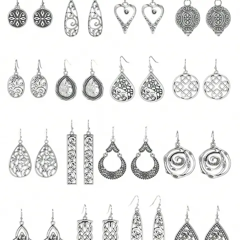 Trendy All-match Vintage Style Design Drop Earrings, Boho Style Dangle Earrings (16 Pairs), Retro Style Earrings for Women, Fashion Jewelry for Party, Daily Clothing Decor
