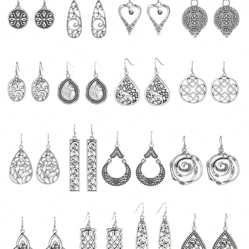 Trendy All-match Vintage Style Design Drop Earrings, Boho Style Dangle Earrings (16 Pairs), Retro Style Earrings for Women, Fashion Jewelry for Party, Daily Clothing Decor