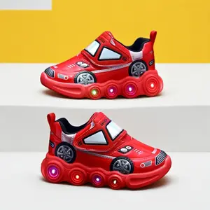 Boys' Light-Up Shoes New Spring Summer Cartoon Car Pattern Soft Sole Sneakers Boys and Girls Sensor Light-Up Shoes Trendy