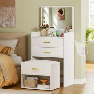 3 in 1 Vanity Desk with Flip-up Mirror, Compact Vanity with 2 Fabric Drawers & Storage Cushioned Chair, Charging Station, Girls Small Vanity Nightstand for Bedroom, White