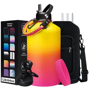 128oz Metal Gallon Water Flask - Insulated Water Bottle 32/40/64/87oz Stainless Steel Water Bottles with Straw & Spout Lids, Paracord Handle, Carrier Bag with Strap, Protective Cup Mat, Keep Cold-48H & Hot-12H