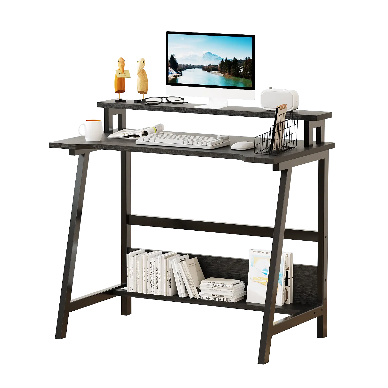 ALISENED Modern Simple Style 31.5" Computer Desk for Home Office with Storage Shelves & Monitor Stand, Sturdy Steel Frame, Adjustable Legs, Open Conce