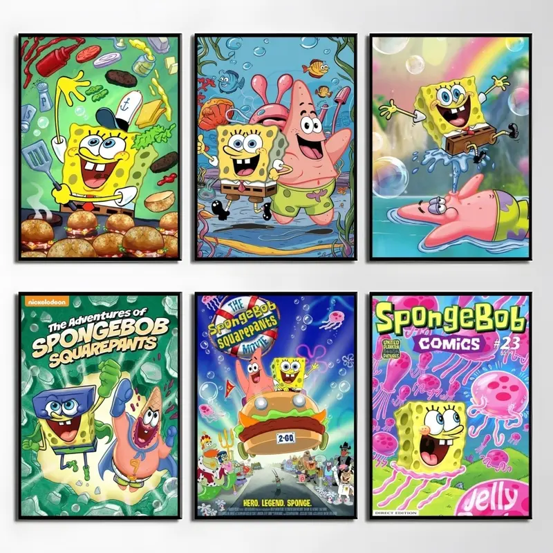 Cartoon S-SpongeBob S-SquarePants Poster Waterproof HD Wall Sticker | Self-Adhesive Decorative Art Poster | Fade-Resistant Scratch-Proof for Long-Term Use | Easy to Apply and Clean | for Home Office Bedroom Living Room Kitchen Decor | Gift Idea