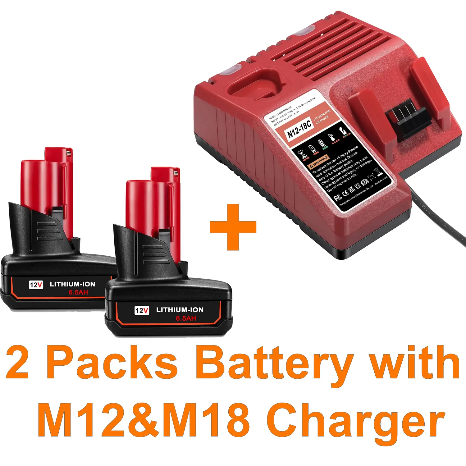 M-12 12V Rechargeable Lithium-Ion Battery and Charger Kit, Includes 2x 6.5Ah Batteries + 1 M-12/M-18 Dual-Port Rapid Charger (Model M-128M-18), Rechargeable Lithium Batteries