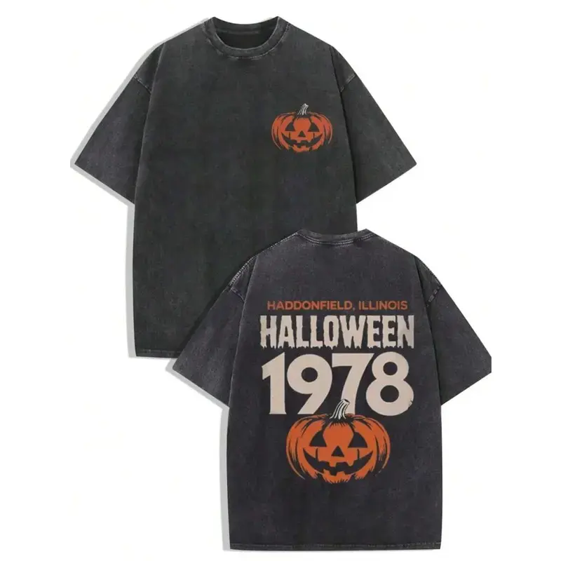 Vintage Acid-Washed Oversized Cotton Crewneck T-Shirt, Front Mini Jack-O'-Lantern Print & Back Retro 1978 Halloween Pumpkin Dual-Sided Graphic Print, Loose Drop-Shoulder Unisex Casual Tee, Retro Horror Streetwear, Spooky Halloween Gift for Men and Women