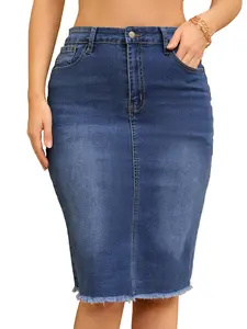 INSPIRE CHIC Women's Denim Skirt Raw Hem High Waisted Pockets Stretch Knee Length Jean Skirts