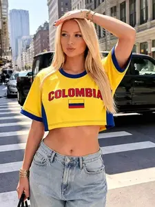 Women's Short Sleeve Football Lover T-Shirt, International Style Team Cheerleading, Casual Fitted Top, Exposed Belly Tee, Streetwear