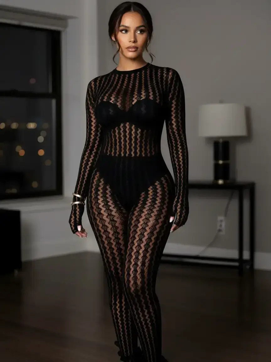 Women's Knitted Seamless Bodysuit Jumpsuit Lingerie - Sexy Through Hollow Striped Long-Sleeve, Stretchy Skinny Midnight Design, Comfortable Elegant Fit, Casual & Clubbing Wear (Bodysuit for Women)