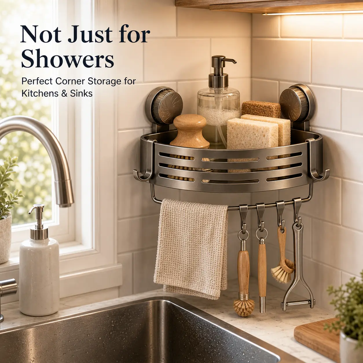 Suction Cup Bathroom Rack - No Drilling Bathroom Accessory, Durable Shower Organizer, Eco-Friendly Adhesive Design Trays, Strong Triangular Rack with Hooks, for Shower & Toilet Walls/Tiles, Multi-Purpose Storage Holder