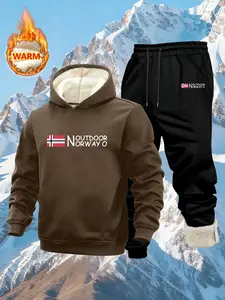 Men's Fall Winter Warm Hoodie Set, Fleece Lined Casual Sweatshirt & Drawstring Jogger Pants, Norway Print, Zipper Pocket Design