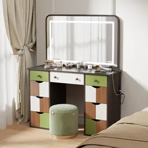 Vanity Desk with Power Outlet Makeup Vanity with Mirror and 3 Adjustable LED Lights Makeup Desk with 9 Drawers for Bedroom and Dressing Room Two-tone Drawer Panel Design touch  screen  vanity