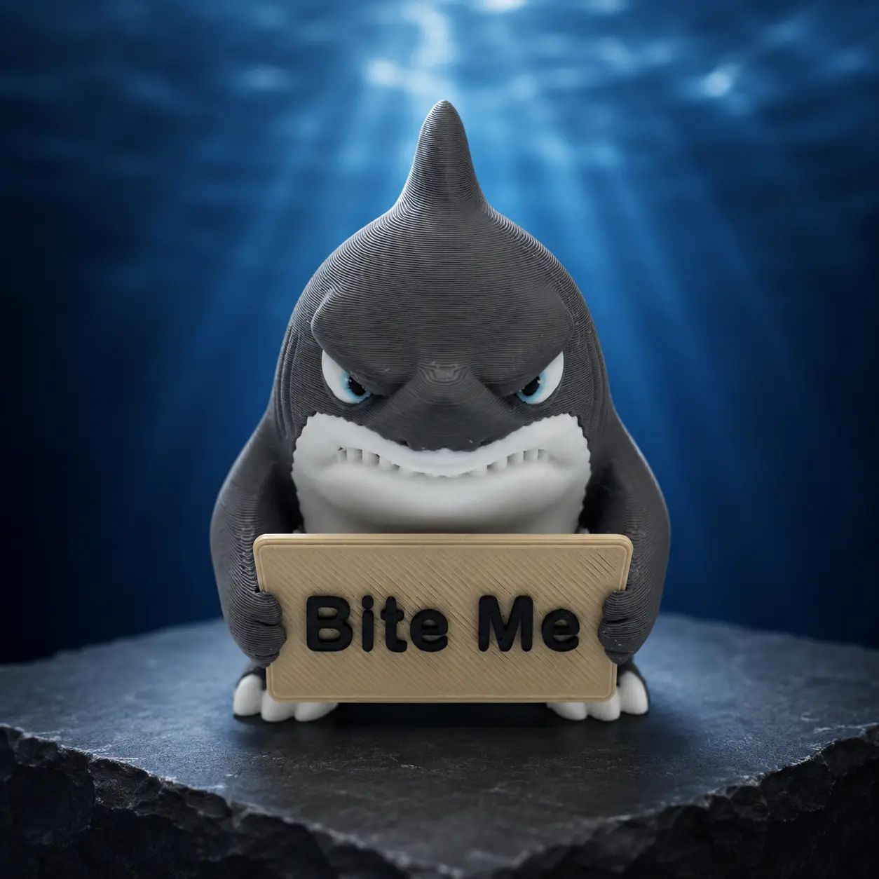 Funny Shark Figurine Holding “Bite Me” Sign, 3D Printed Shark Desk Decor, Sarcastic Office Gift, Ocean Lover Gift, Novelty Shelf Decor