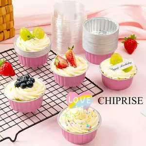 50 Aluminum Foil Baking Cups with Lids, Disposable Ramekins for Desserts, Cheesecake, Caramel Pudding, Mousse, Cute Design