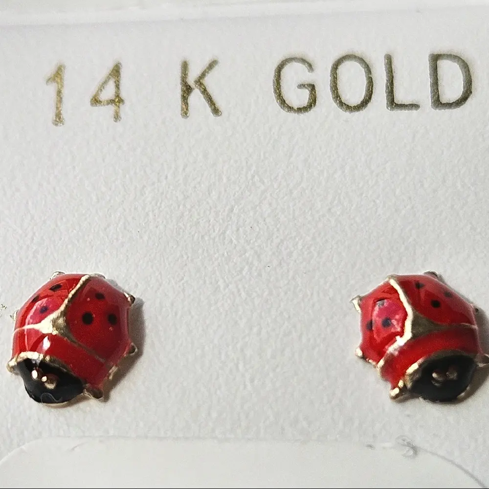 14kt Gold Small Lady Bug Earrings - Red Enamel Design, Elegant and Unique Jewelry Piece