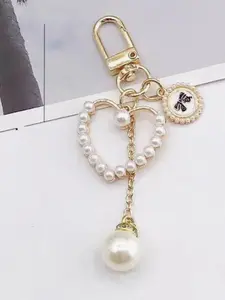 Faux Pearl Decorated Beaded Heart & Bowknot Design Keychain, Cute Keychain for Women & Girls, Fashion Accessories for Daily Use, Stylish Keychain, Trendy All-match & Exquisite Keychain for Birthday Gift