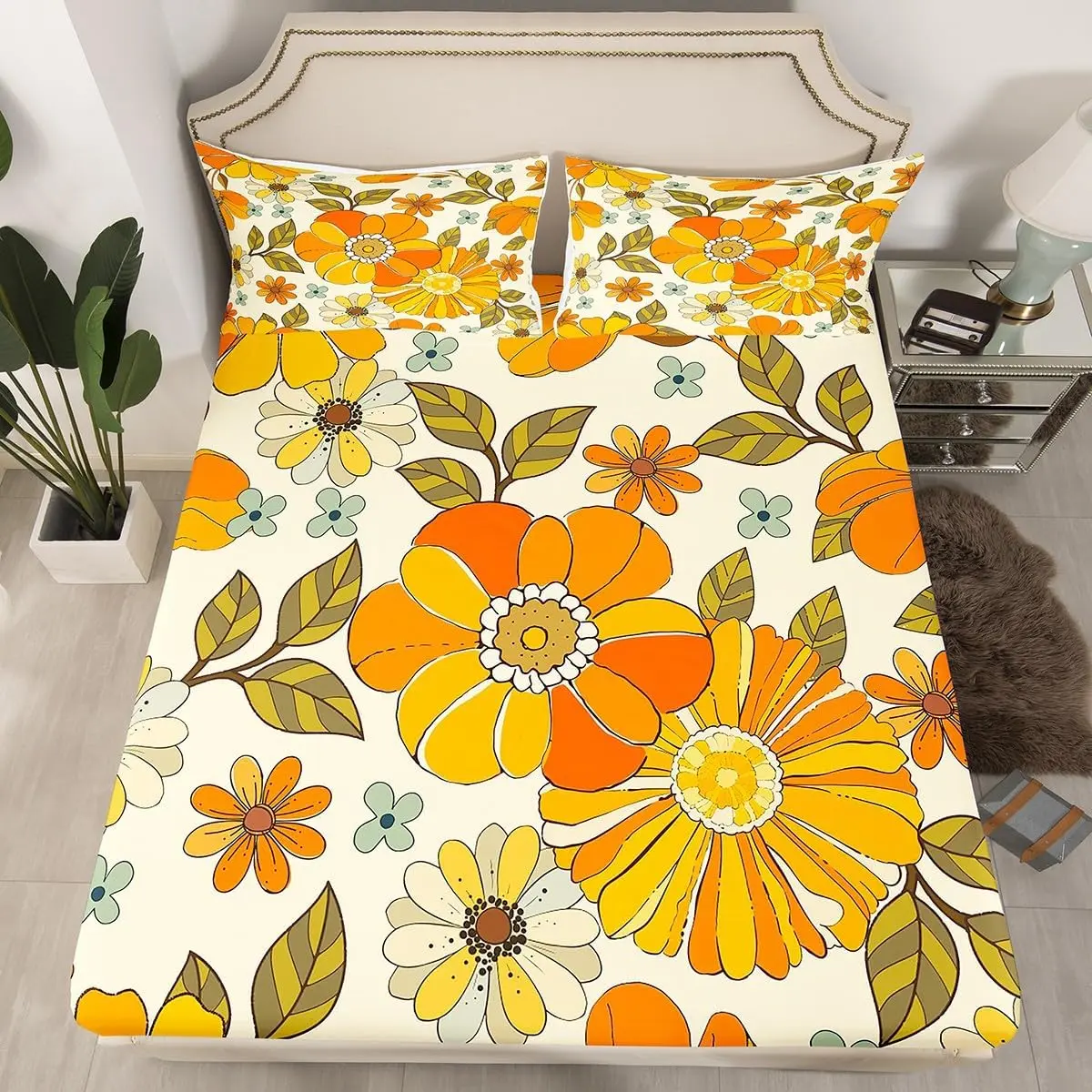 Kids Retro Flowers Fitted Sheet,Watercolor Yellow Floral Green Leaves Plant Bed Mattress Cover for Bedroom Decor,70s Trippy Daisy Polyester Bed Cover,Fitted Sheet & Pillow Case (No Top Sheet)