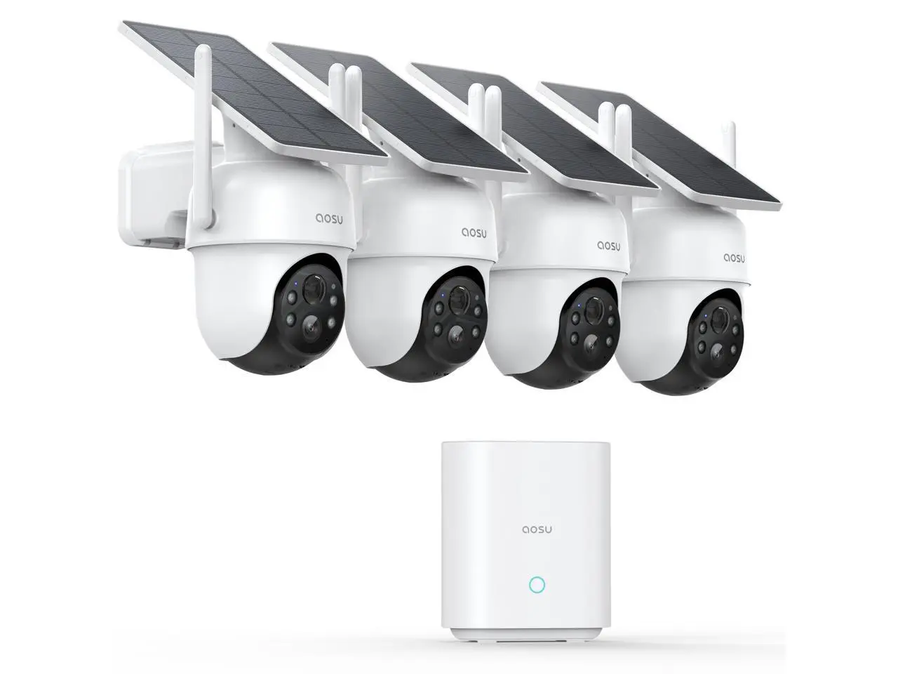 Aosu C9C-4H SolarCam D1 Classic 2K Outdoor PTZ Wi-Fi Turret Night Vision 4-Camera Kit - 170 degree Wide-Angle Lens, AI Detection, 2-Way Audio, and 128GB Local Storage