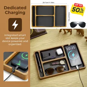 Nightstand & Desk Organizer for Men and Women with Leather Inlay Essentials Catchall Tray for Store Phone Watch Wallet Keys Jewelry