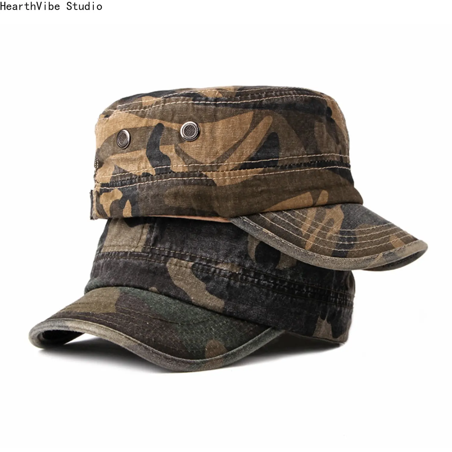 Adults' 2pc Classic Washed Cotton Unisex Flat Top Hats, Vintage Cadet Military Army Caps for Outdoor Sports & Hiking, 1-Size Sports & Outdoor Headwear, One-Size