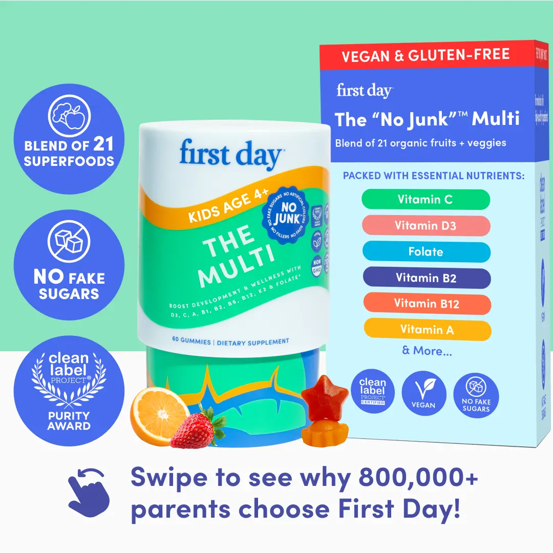 First Day Kids Multivitamin Gummies Ages 4-12, Natural Strawberry Orange Flavor - 21 Organic Superfoods, 9 Key Nutrients, Vitamin C D3 B12 Folate - Immunity, Healthy Growth, Energy, Picky Eater Approved - 30-Day Supply, Vegan, Non-GMO, No Junk Dietary