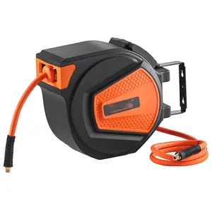 Retractable Air Hose Reel, 3/8 In x 50 Ft Hybrid Air Hose, Max 300 PSI, Air Compressor Hose Reel With 5 Ft Lead-In, Ceiling Or Wall Mount Enclosed Reel, 180 Degree Swivel Mount For Garage Or Workshop Use