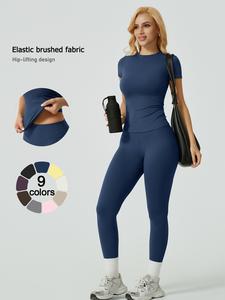 two-piece set women's solid ribbed long sleeve tee & leggings sport set, casual breathable quick drying t-shirt & skinny pants set for yoga gym workout running, ladies sportswear for all seasons, fitness suit