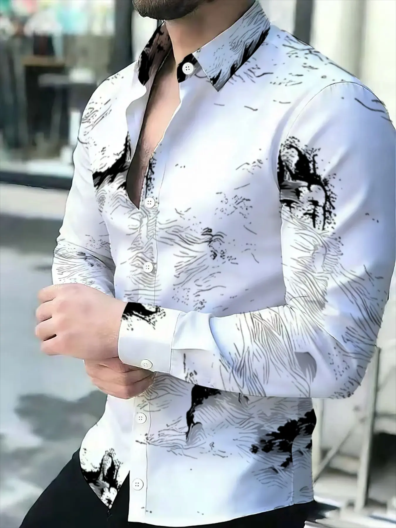 Men's Fashion All Over Printed Long Sleeve Casual Graphic Shirt, Slim Fit Business Casual Top, White Ink Wash Pattern Design