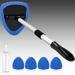 Car Windshield Cleaner Tool, Car Window Cleaner Tool, Interior Auto Glass Cleaning Kit with Extendable Handle & 180° Swivel Head, Streak-Free Microfiber Car Glass Cleaner with 4 Reusable Pads & Spray Bottle for SUV Truck Car & Home