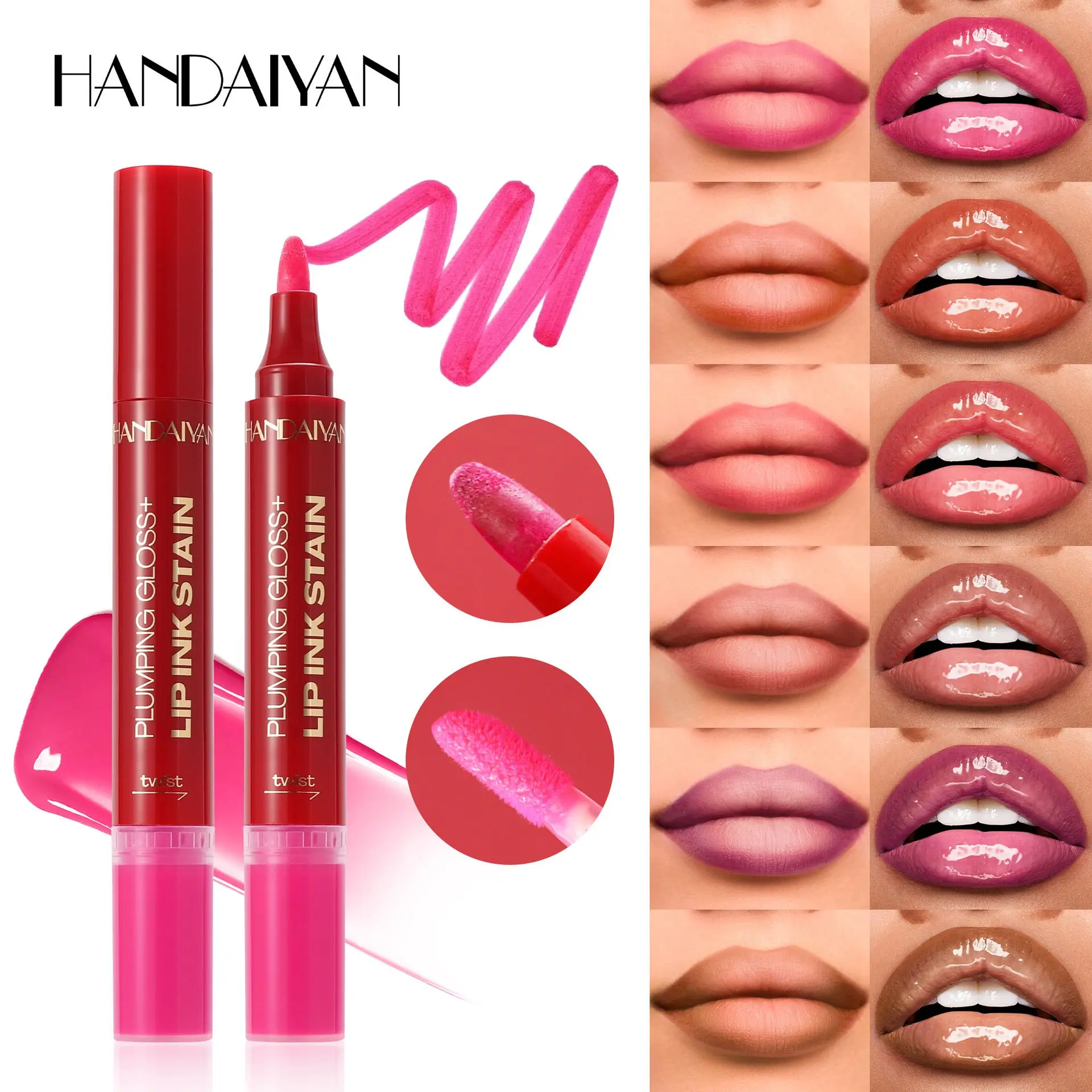 Double-Ended Lipstick Liquid Watercolor Lip Gloss Handaiyan Moisturizing Glossy Easy Application Lip Color, Long-Lasting Hydrating Makeup
