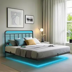Floating Platform Bed Frame Queen Size with LED Lights & Charging Station - Includes Powered Screwdriver/Mattress Fasteners/Corner Pads, Hardened Steel