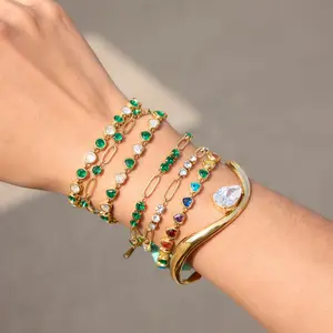 Emerald bezel-set tennis bracelet | Luxurious gold-plated design, suitable for St. Patrick's Day and everyday wear