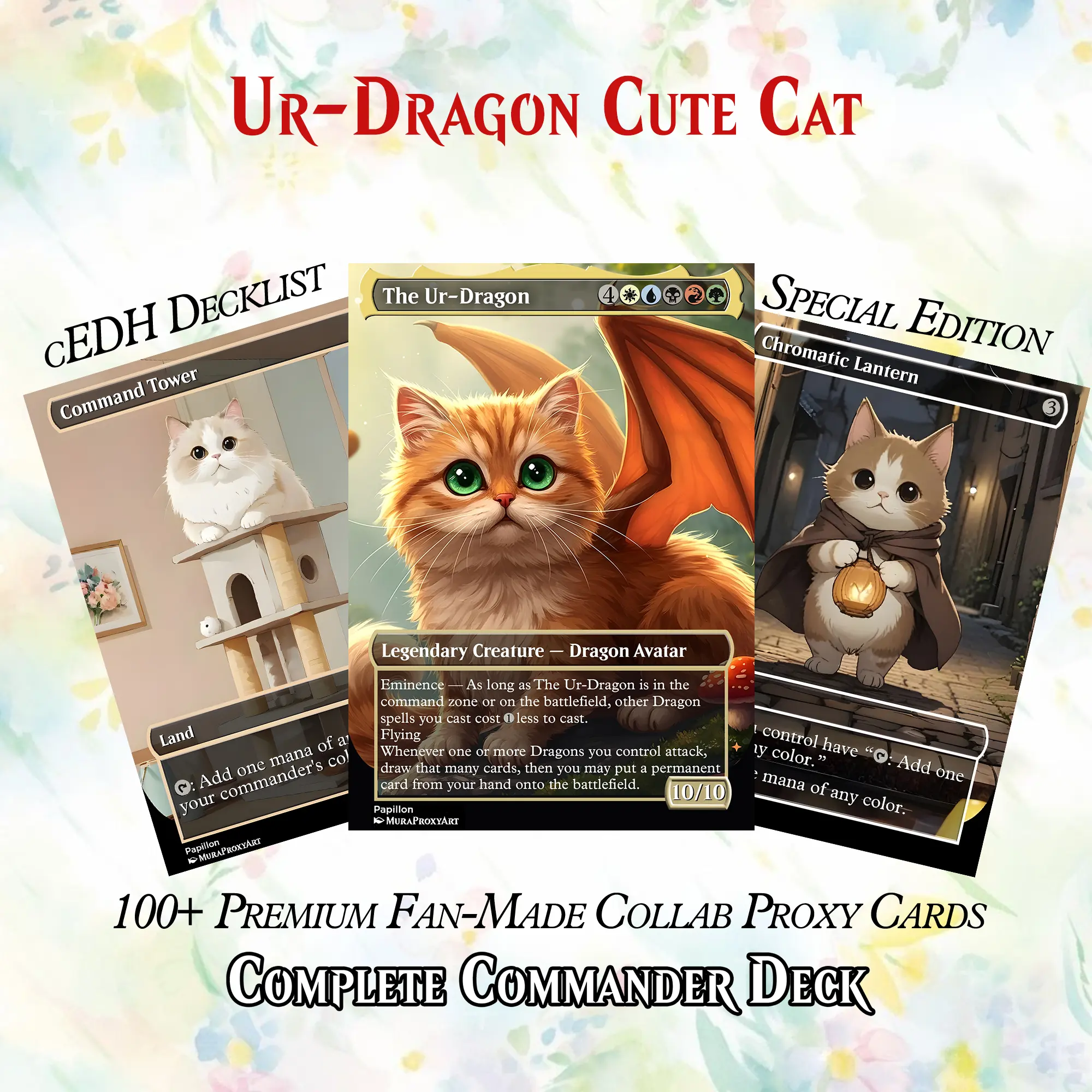 Ur-Dragon Cute Pastel Anime/Kawaii Cat Fan-Made MTG Proxy Commander Proxy Deck - 110+ Pcs Ultra-HD Trading Card Collectibles Set, with Box, Cost-Reduction Synergies, Display Feature for Card Collecting, Commander Play