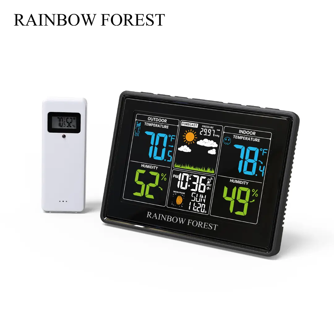 Rainbow Forest Meteorological Station Wireless Indoor and Outdoor Thermometer, Color Display Weather Thermometer, Digital Thermometer with Barometer, Calendar, Adjustable Backlight