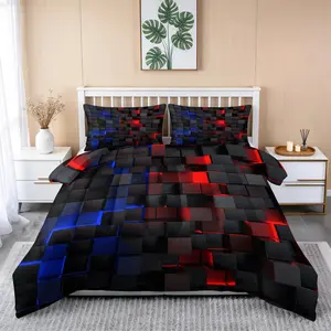 3-Piece Bedding Set, Blue Geometric Plaid Pattern, 1 Quilt + 2 Pillowcases No Core, Filled with 200gsm, Soft Breathable