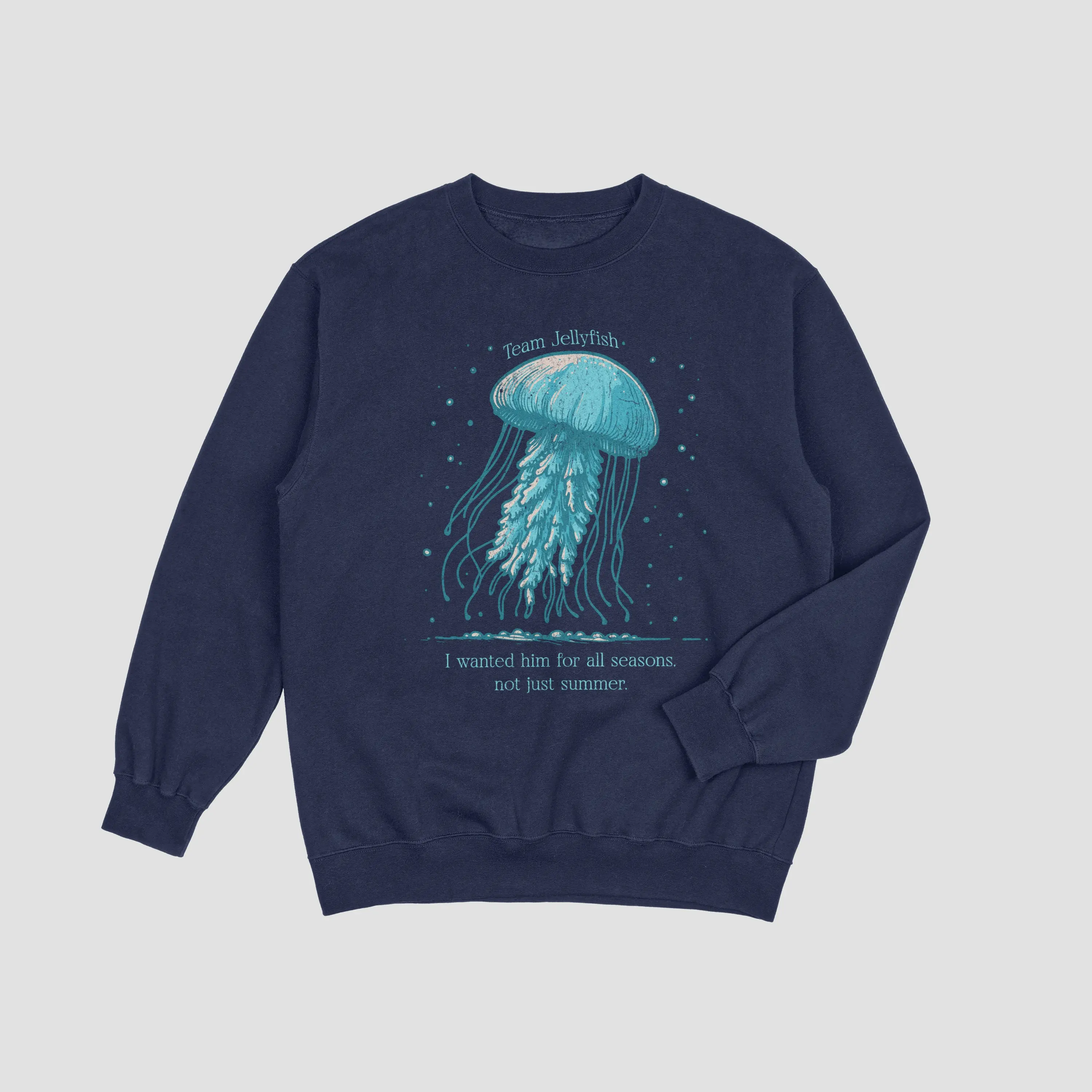 Team Jellyfish Classic Crewneck Sweatshirt - Navy Blue, Long Sleeve, Fitted, 3-End Fleece, Casual Style, Autumn Wear