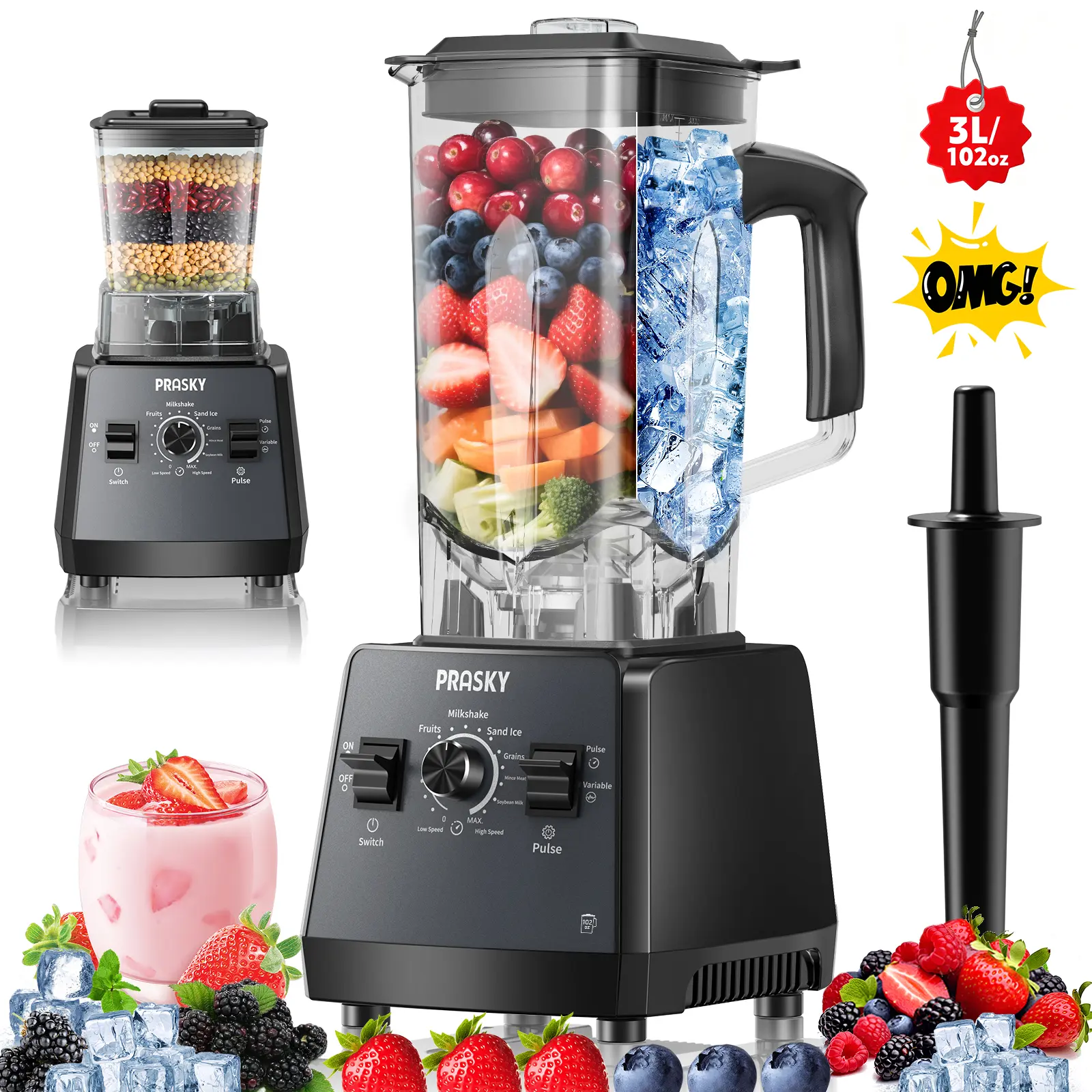 Prasky PRO 3L/101OZ Blender,Kitchen for Blender BPA Free 2 Containers Countertop Blenders Ice Crushing&Max.2400Watts/1000Watts Blender and Grinder Combo 25000RPM , Smoothies/Juice/Nuts BUTTER/Food Processor/Kitchen Appliances summerwins