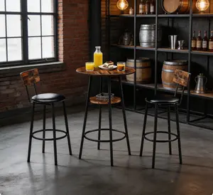 3-Piece Rustic Brown Round Bar Table Set, Compact 2-Seater Small Dining Table with 2-Tier Storage, Soft PU Upholstered Bar Stools, Space Saving Home Furniture for Kitchen, Dining Room, Bar and Cafe Corner Decor