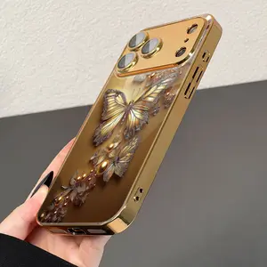 1PC Gold Butterfly Pearl Floral Pattern Electroplated Gold HD Glass Phone Case for iPhone 17/17Pro/17ProMax/17Air/16/16Pro/16ProMax/16Plus/16e/15/15Pro/15ProMax/14/14Pro/13/13Pro/12/12Pro/12ProMax/17/17Pro Fashion Protective Case, High-end Luxury Glass Ca