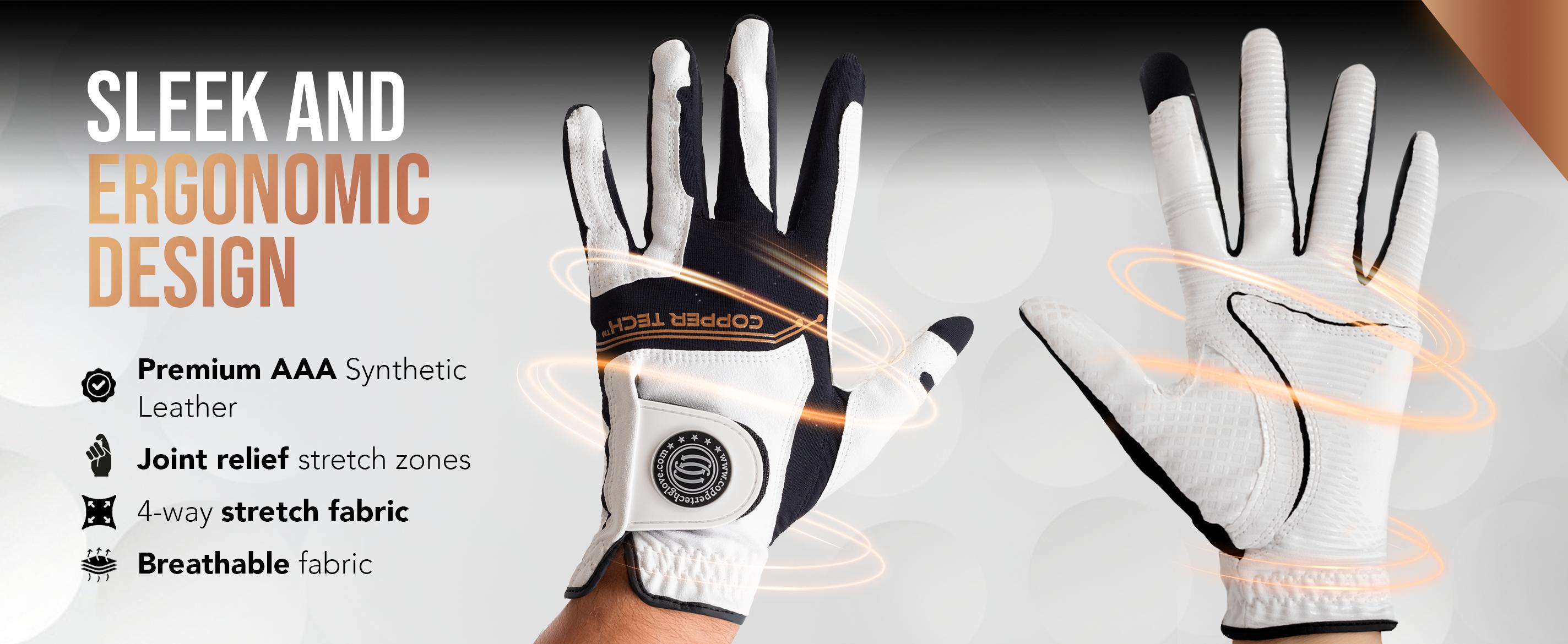 Copper Tech Men's Golf Gloves (2 Pack) - Optimal Joint Support & Comfort With Copper Compression Feature - Breathable & Tacky - Crafted With Fine AAA Leather