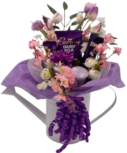 Cadburys Marvelous Mauve Bouquet with Chocolate Bars & Yankee Candles in Watering Can Pot for Home Decor & Gift