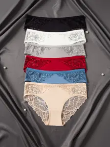 6-Pack Solid Color Lace Trim Women's Underwear, Semi-transparent Elegant Lace Design, Comfortable and Breathable, Suitable for Daily Wear and Dates, Delicate Embellished Low-Waist Elastic, Soft and Sexy Women's Underwear， Womenswear Panties