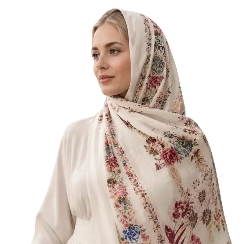 Viscose Orthodox Head Covering | Pink Blue Floral Border, Trees and Birds | Breathable Soft Summer Scarf: Lightweight Shawl