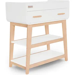 An Fisher Price by Dream On Me Baby Changing Table, Vintage White Oak – Greenguard Gold & JPMA Certified, Wooden Nursery Dresser with Storage Shelves – Compact, Sturdy & Easy-to-Clean Design