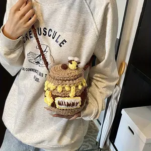 Hand-Crocheted Honey Pot Fleece Crossbody Bag - Cute Anime-Inspired Mini Shoulder Bag with Wrist Strap & Snap Closure, Solid Color (Khaki/Dark Brown/White/Yellow/Black) for Women's Fashion Accessories, Knitted Accessory |   Animeinspired Design |   Artisa