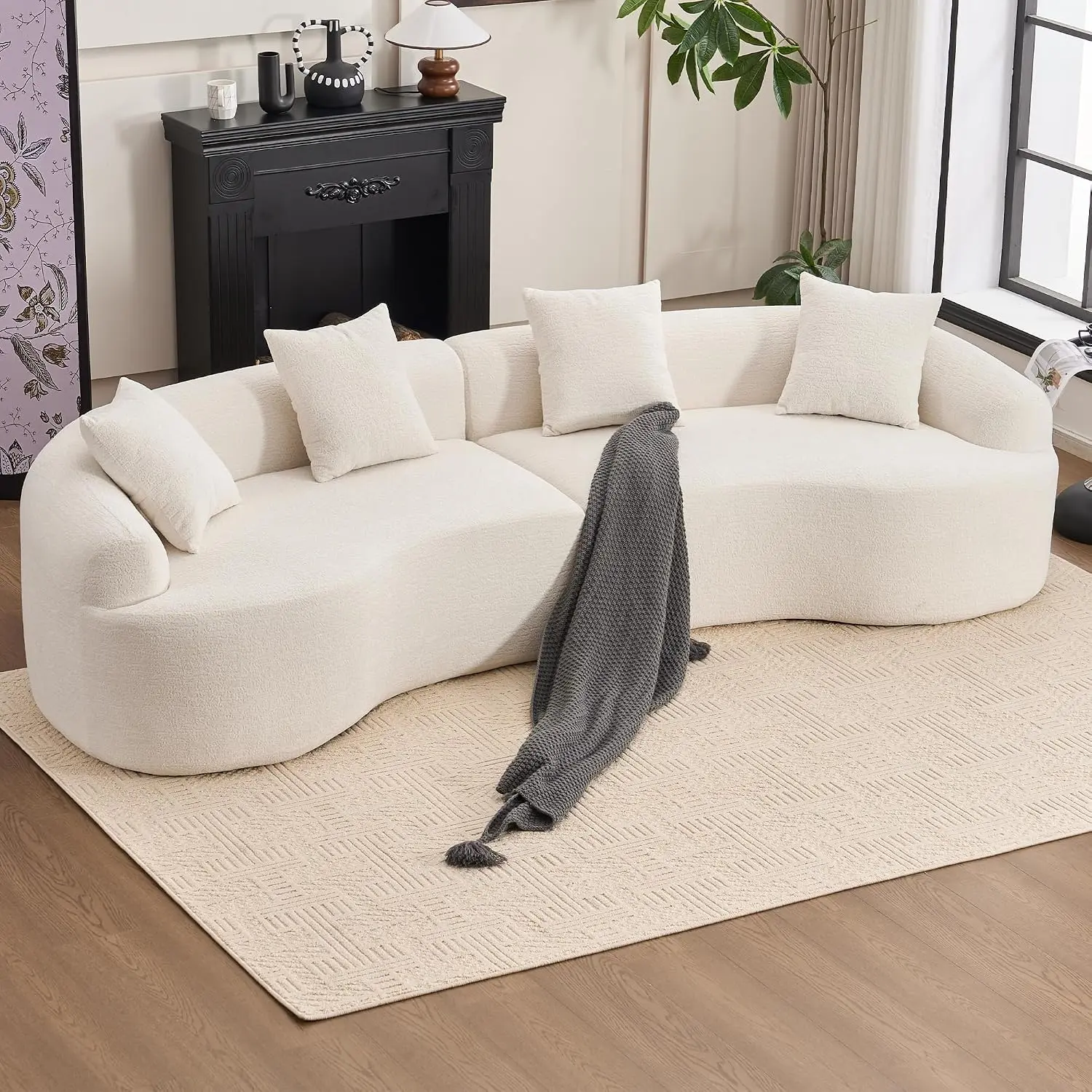 110" Curved Sectional Sofa for Living Room, Modern Oversized Plush Chenille Cloud Round Deep Seat Compressed Boneless Couch with 4 Throw Pillows for Apartment, No Assembly Needed, White