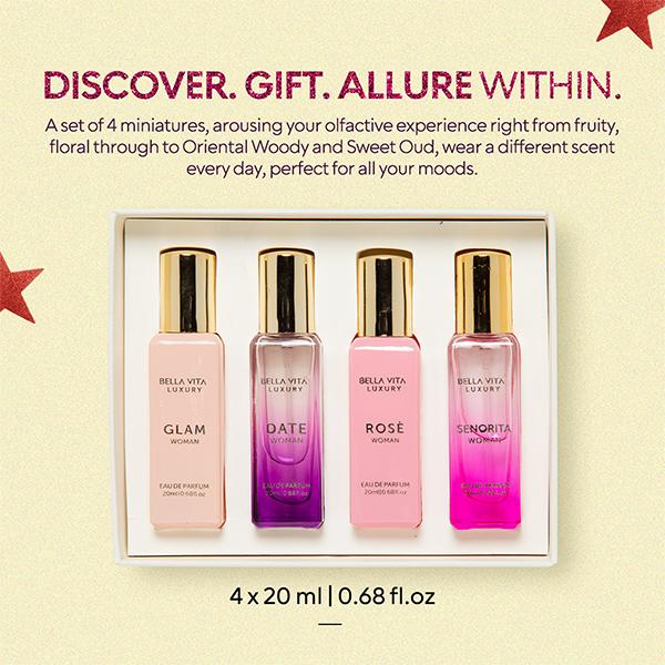 Midnight Mischief by BellaVita Luxury | Women’s Luxury Mini Perfume Set & Honey Oud EDP | Luxury Perfume for Women | Long Lasting, Floral, Spicy & Vanilla,Bergamot | Luxury, Vegan & Cruelty Free Eau De Parfum | Travel-Friendly | 100+ 4x20 ML(6.08 fl. oz)