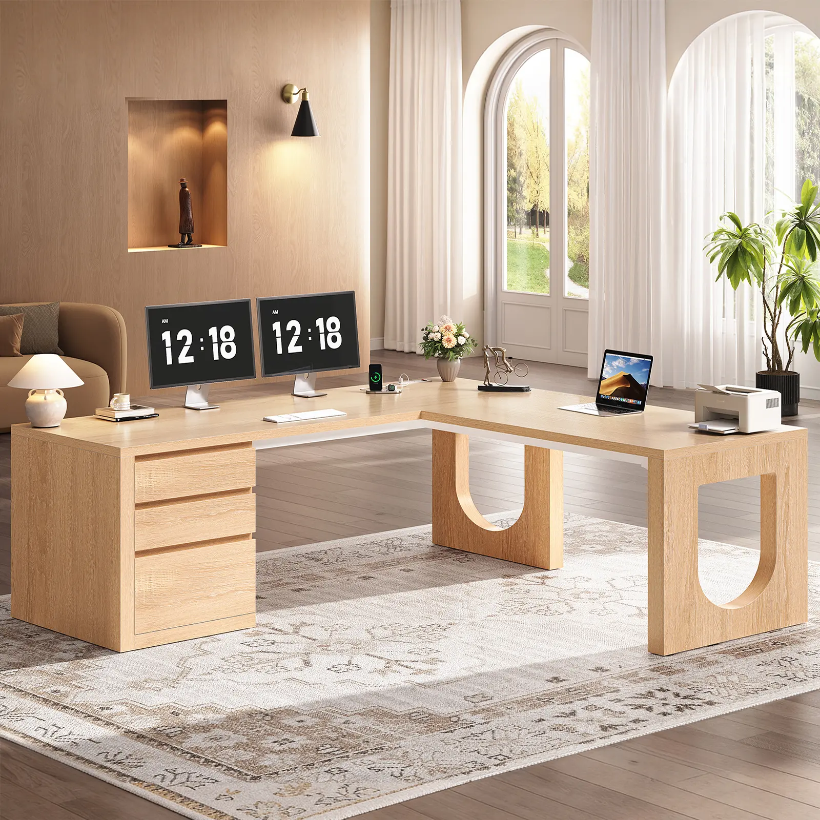 Sedeta 63" L-Shaped Contemporary Wooden Executive Computer Desk - Home Office Furniture, WFH Setup & Bedroom Desk with 3 Sliding Drawers, 1 File Drawer, U-Legs, Embossed Grain, Power Outlets, Charging Port, Assembly Required, After-Sales Service