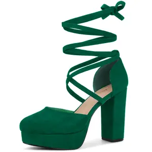 BLISSFUL STEP Women's Platform Block Heel Lace Up Pumps Sandals